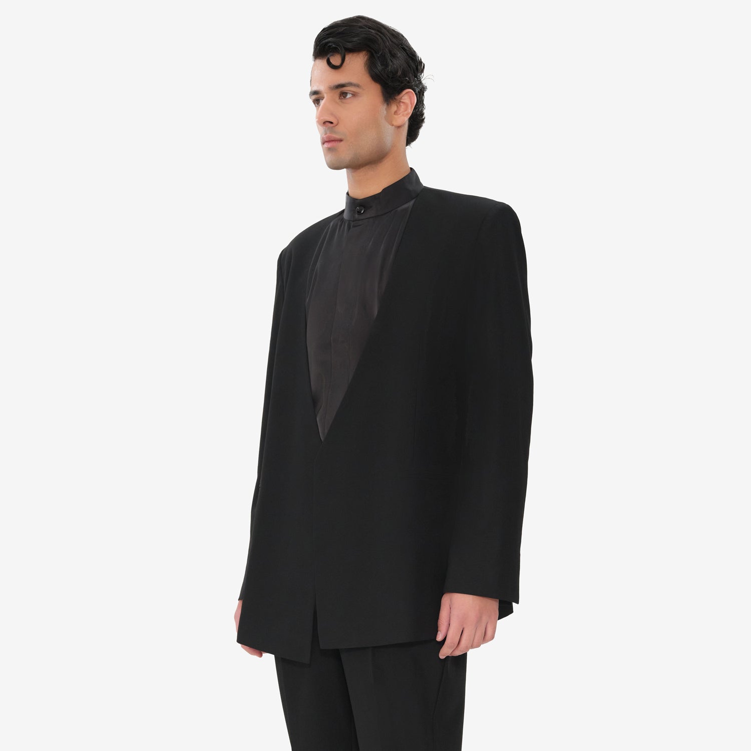 Black Double Breasted Lapelless Blazer – SAAF GARMENTS