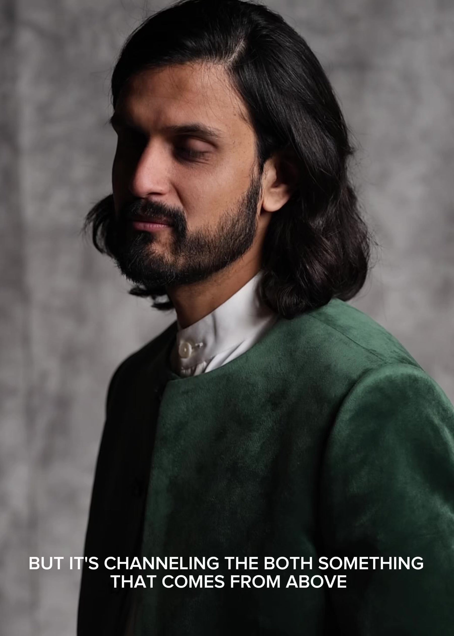 ACT II - The Crewneck Tailored Jacket in custom Velvet Emerald Green.