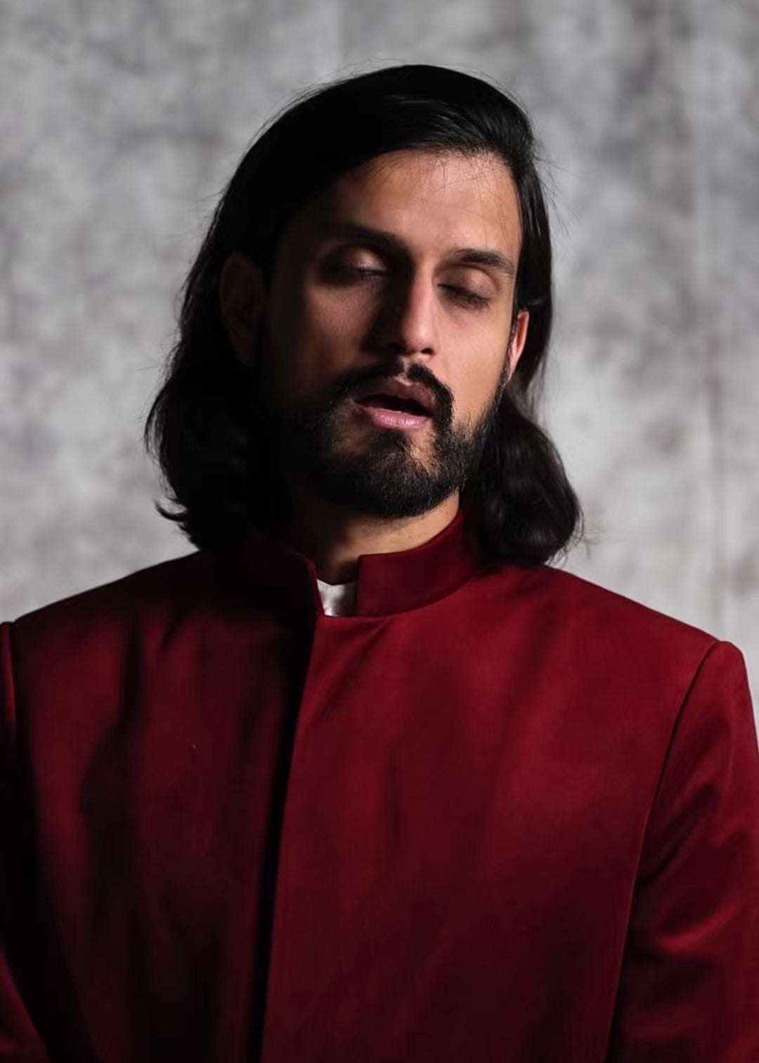 Act I - The Pleated Long Jacket in custom Velvet Ruby Red.